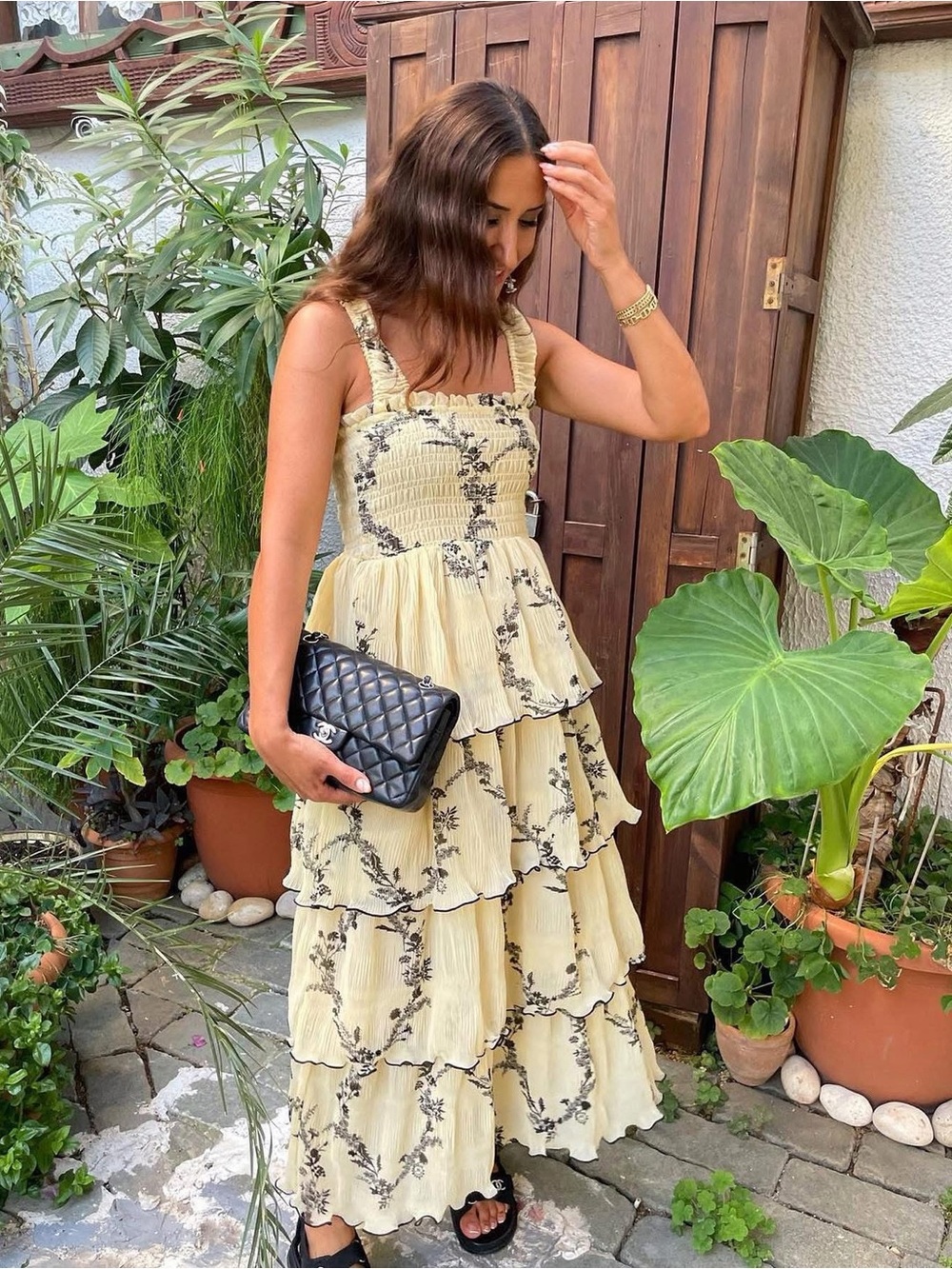 GANNI Pleated Georgette Flounce Smocked Midi Dress size 36 US 4